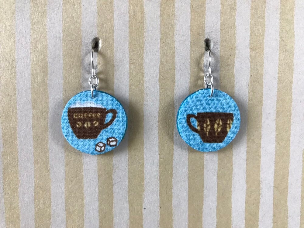 Leichte Stoff Schwenkbar Ohrringe, Blauer Kleiner Kreis Mit Kaffeetassen Und Zucker, Sterling Silber Ohrdraht, Kaffeeliebhaber Geschenk von designsbywenia