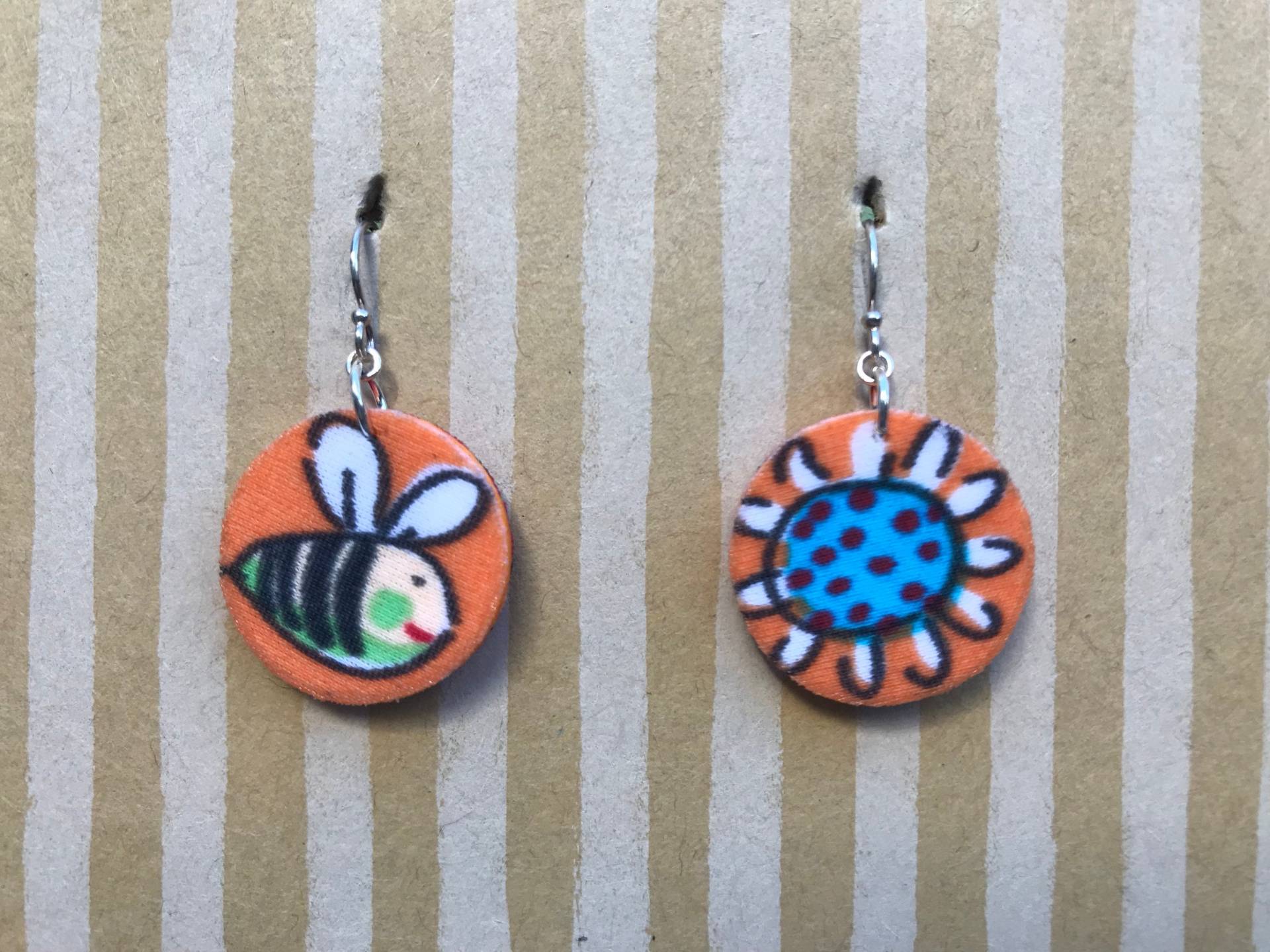 Leichte Stoffschaufel Ohrringe, Orangefarbener Kleiner Kreis, Biene Und Blumen, Sterling Silber Ohrdraht, Gärtnergeschenk von designsbywenia
