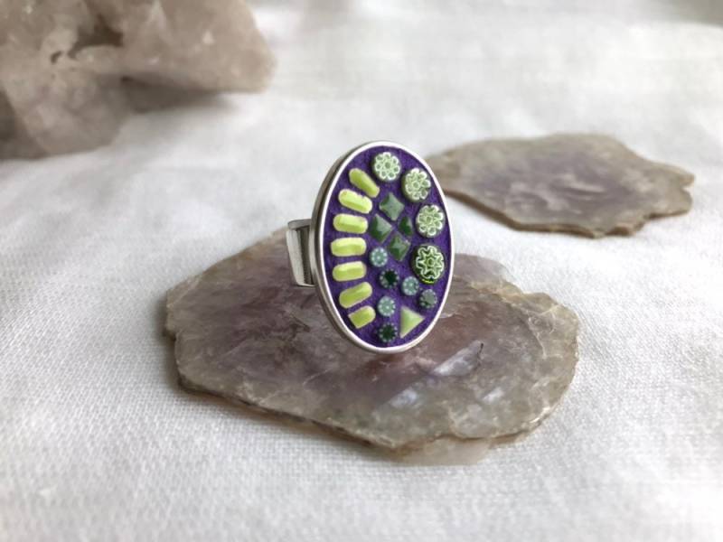 Mosaik Verstellbarer Ring-Oval Mit Keramik Und Millefiori von designsbywenia