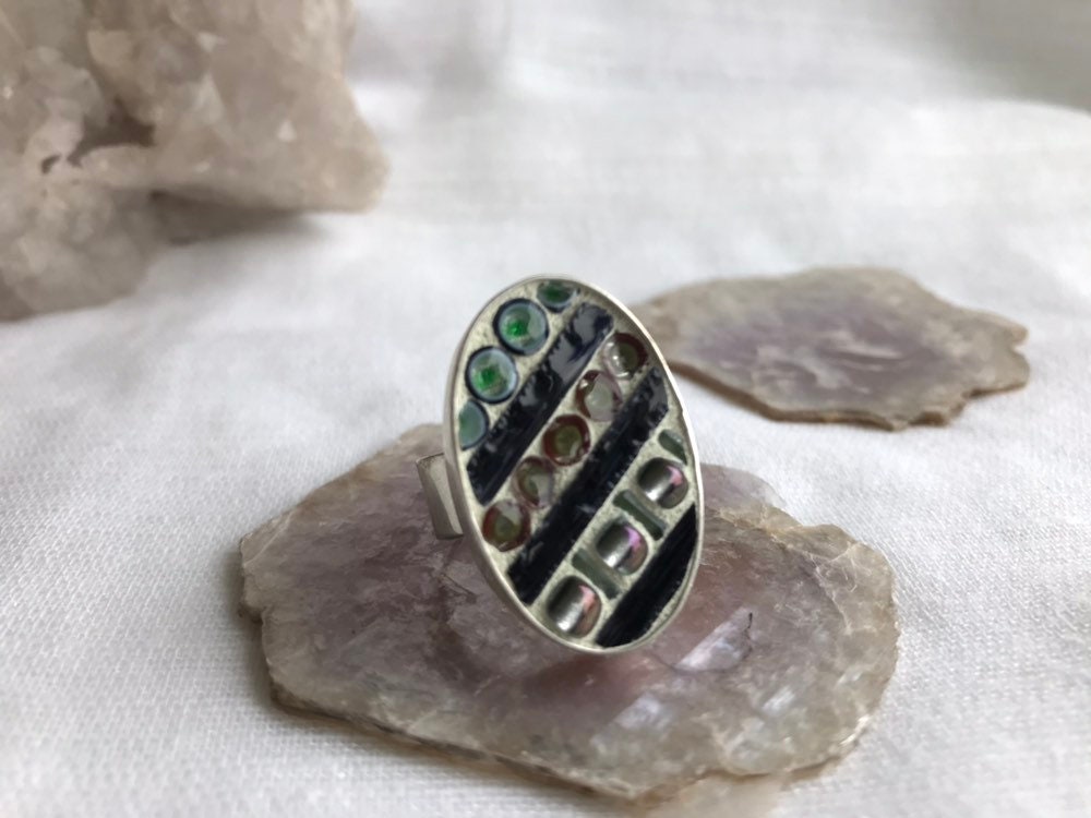 Mosaik Verstellbarer Ringm-Oval Mit Buntglas, Millefiori Und Perlen von designsbywenia
