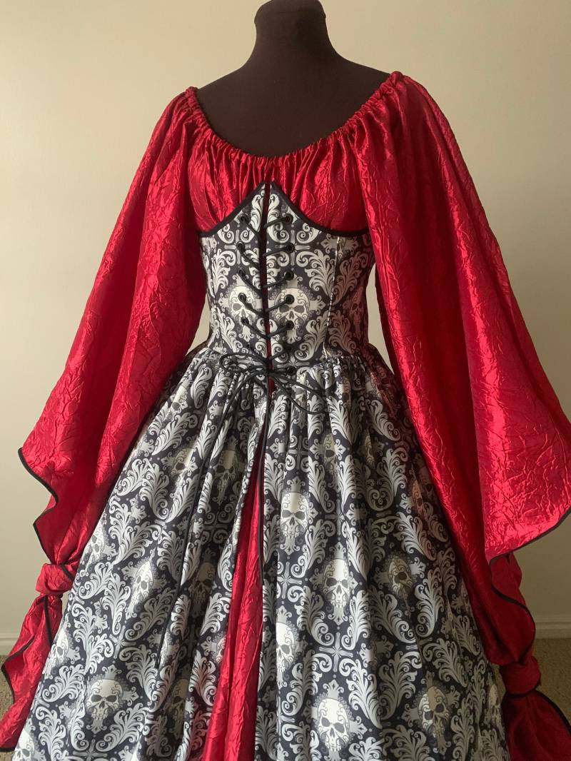 Schwarz Weiß Totenkopf Unterbrust Korsett Kleid Und Rot Gothic Zauberin Angel Chemise Fantasy Renaissance Over Gown Maßanfertigung von desree10