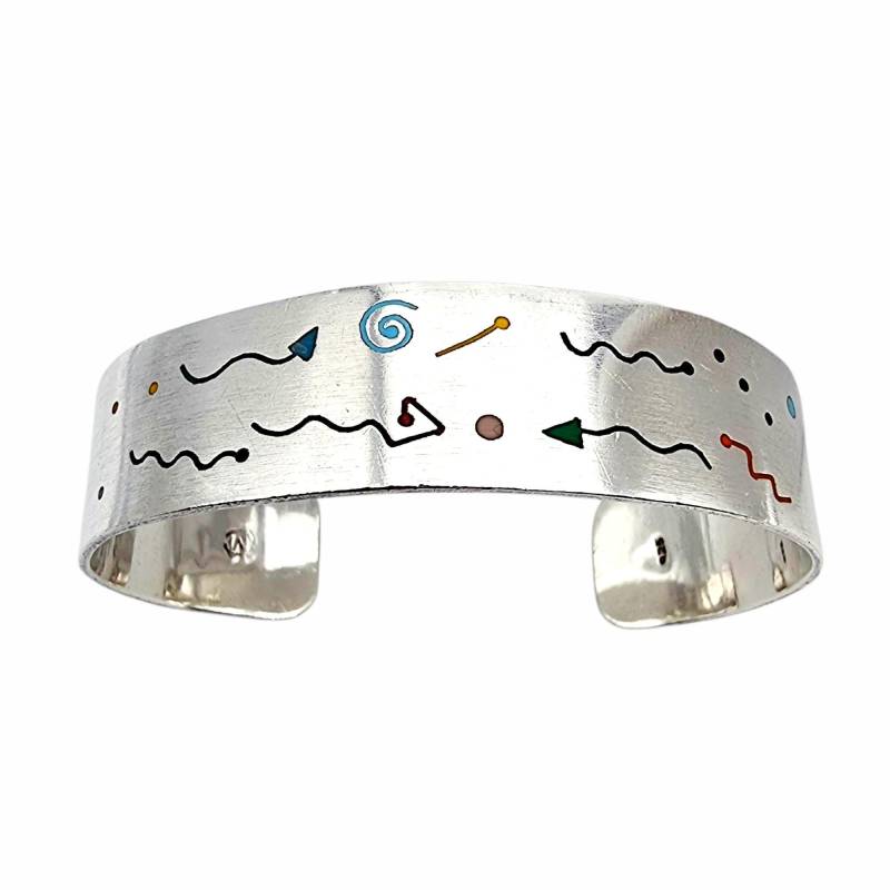 1980S Modernist Silver Cuff Bracelet With Enamel Inlay - 33G, 17mm Wide, 18cm Inner Circumference von detaschmuck