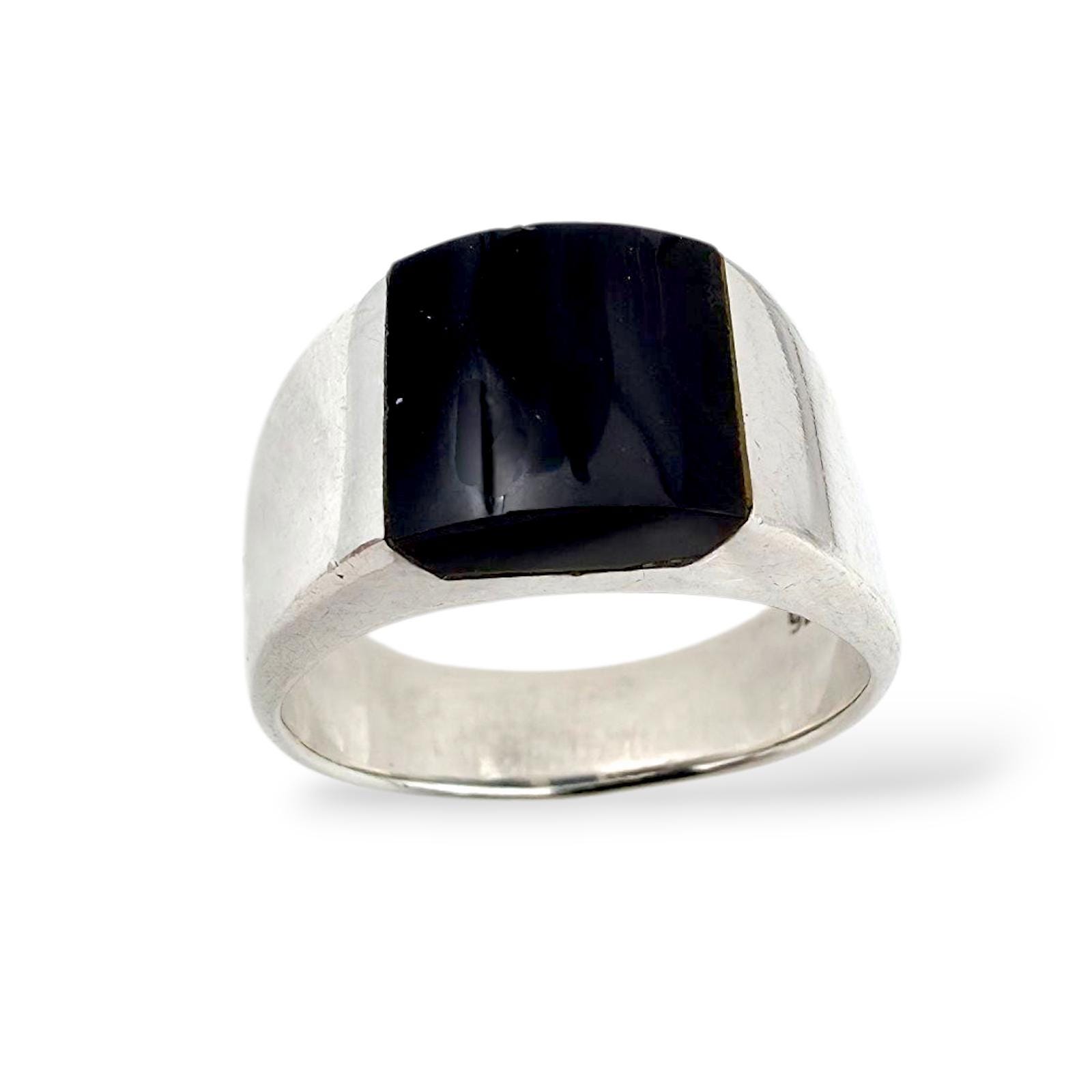 925 Silver Black Onyx Ring | Modernist Square Signet Size Eu 63 | Us 10.25 Vintage Men's Statement Jewelry von detaschmuck