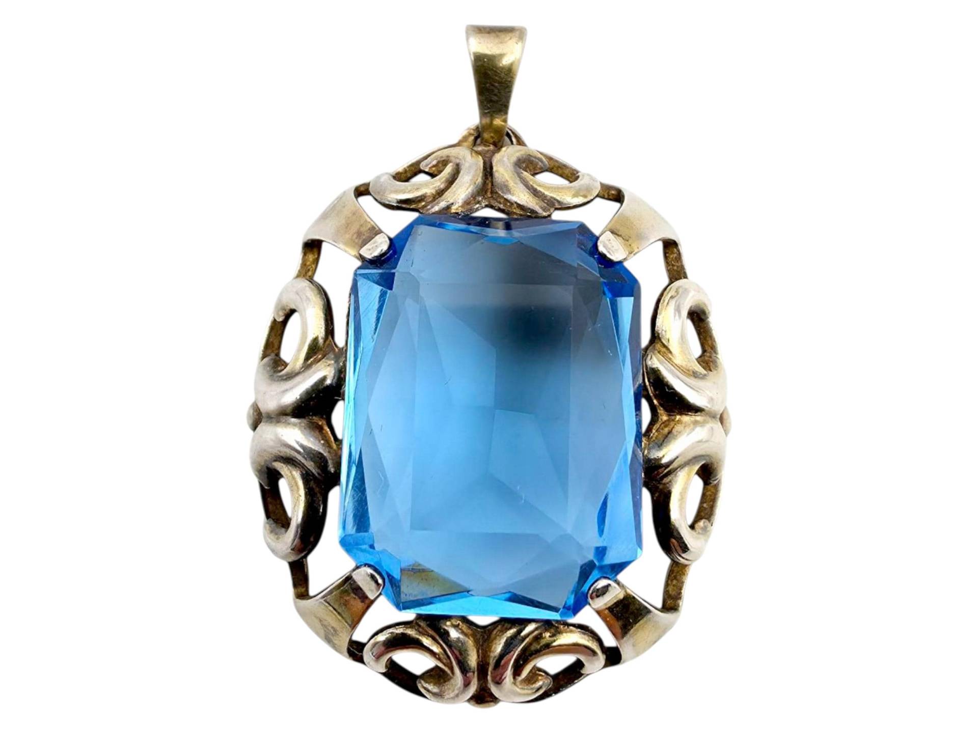 Antique Art Nouveau Silver Pendant With Large Blue Stone - Ornate Scrollwork Jewelry, Ca. 1920S-1930S von detaschmuck
