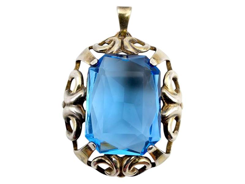 Antique Art Nouveau Silver Pendant With Large Blue Stone - Ornate Scrollwork Jewelry, Ca. 1920S-1930S von detaschmuck
