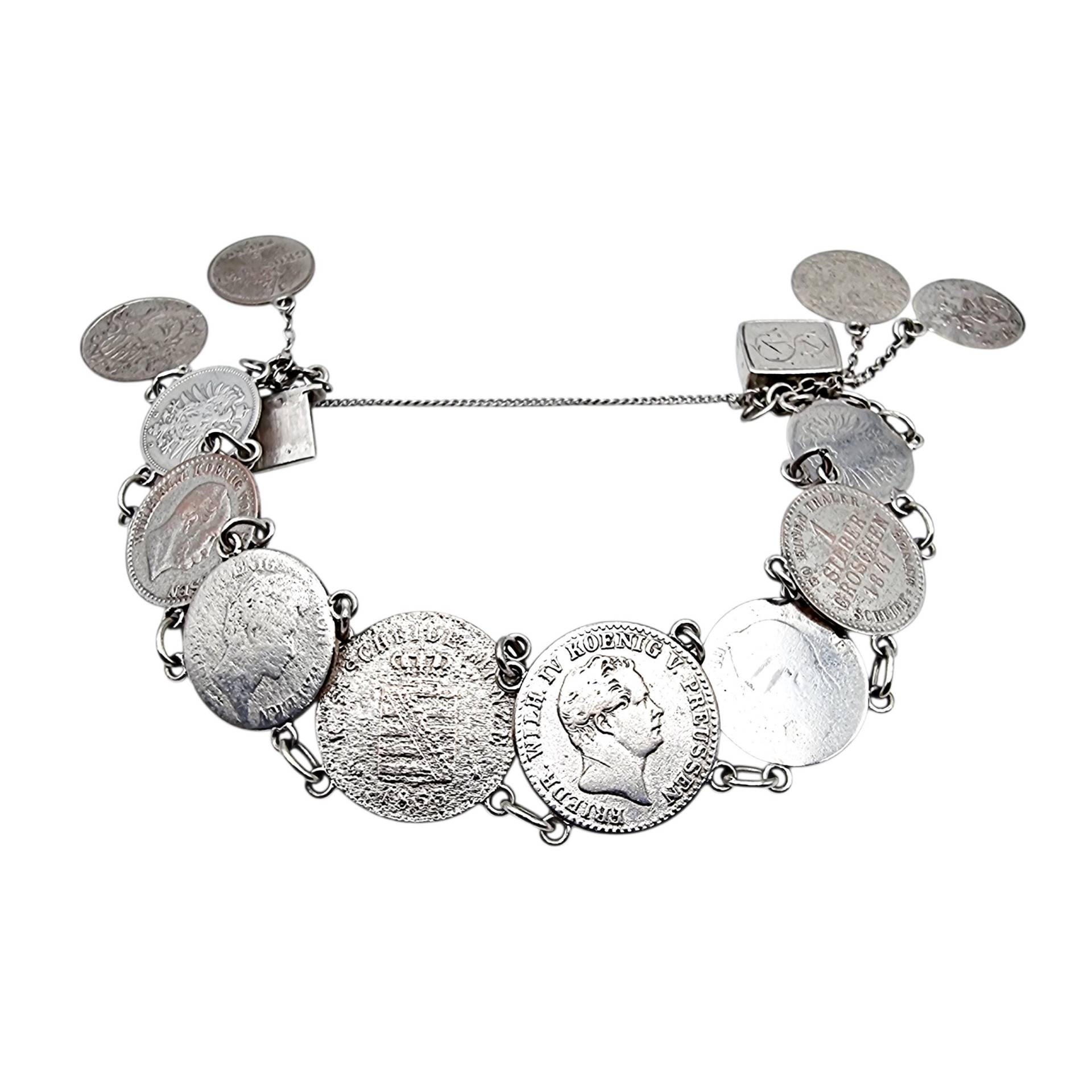Antique Silver Coin Bracelet With German Prussian Coins - Historic Numismatic Charm Jewelry, 26.5G von detaschmuck