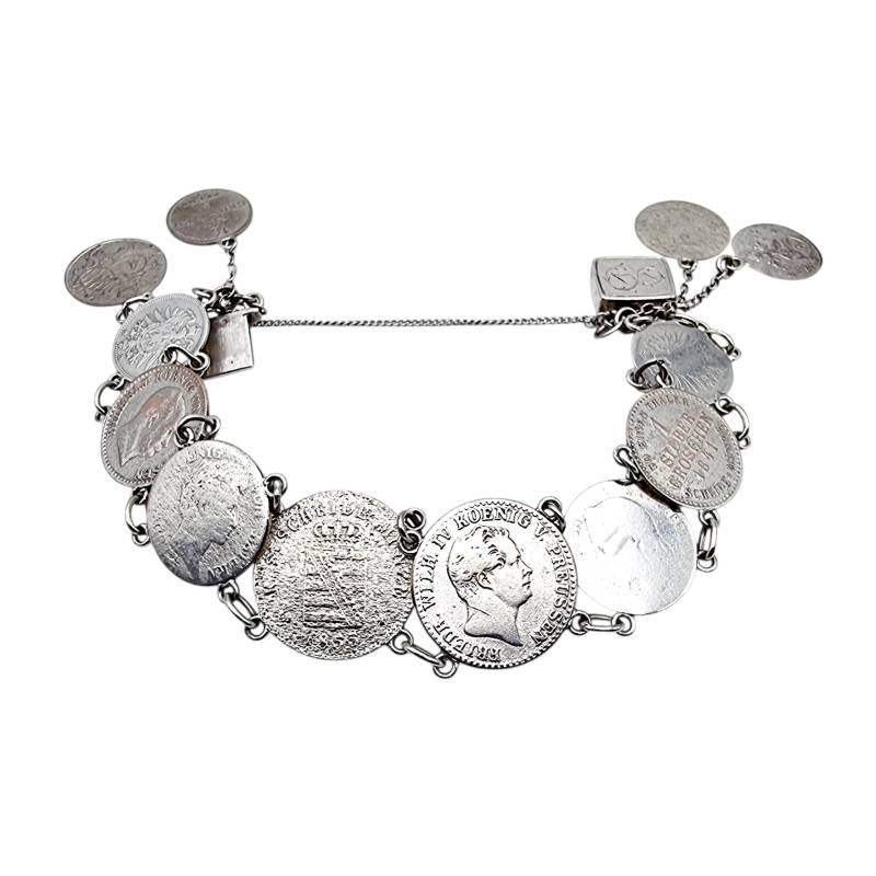 Antique Silver Coin Bracelet With German Prussian Coins - Historic Numismatic Charm Jewelry, 26.5G von detaschmuck