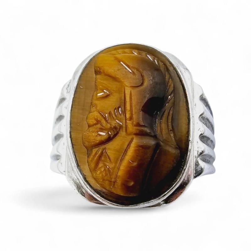 Antique Silver Ring With Tiger Eye Cameo - Carved Bearded Knight Profile in 835 Silver. Ca. 1920S von detaschmuck
