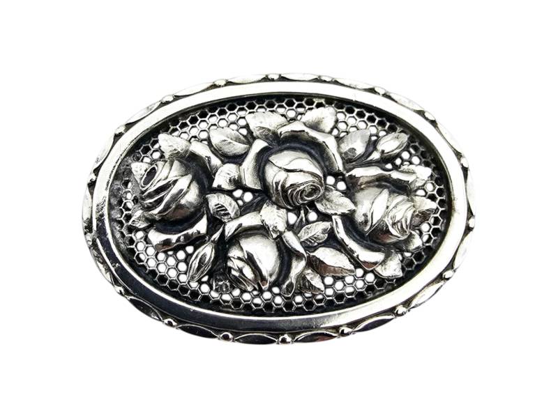 Antique Sterling Silver Rose Bouquet Brooch With Honeycomb Mesh Background - Ornate Oval Floral Pin Antique Sterling Silver Rose Bouquet Brooch With Honeycomb Mesh Background - Ornate Oval Floral Pin von detaschmuck