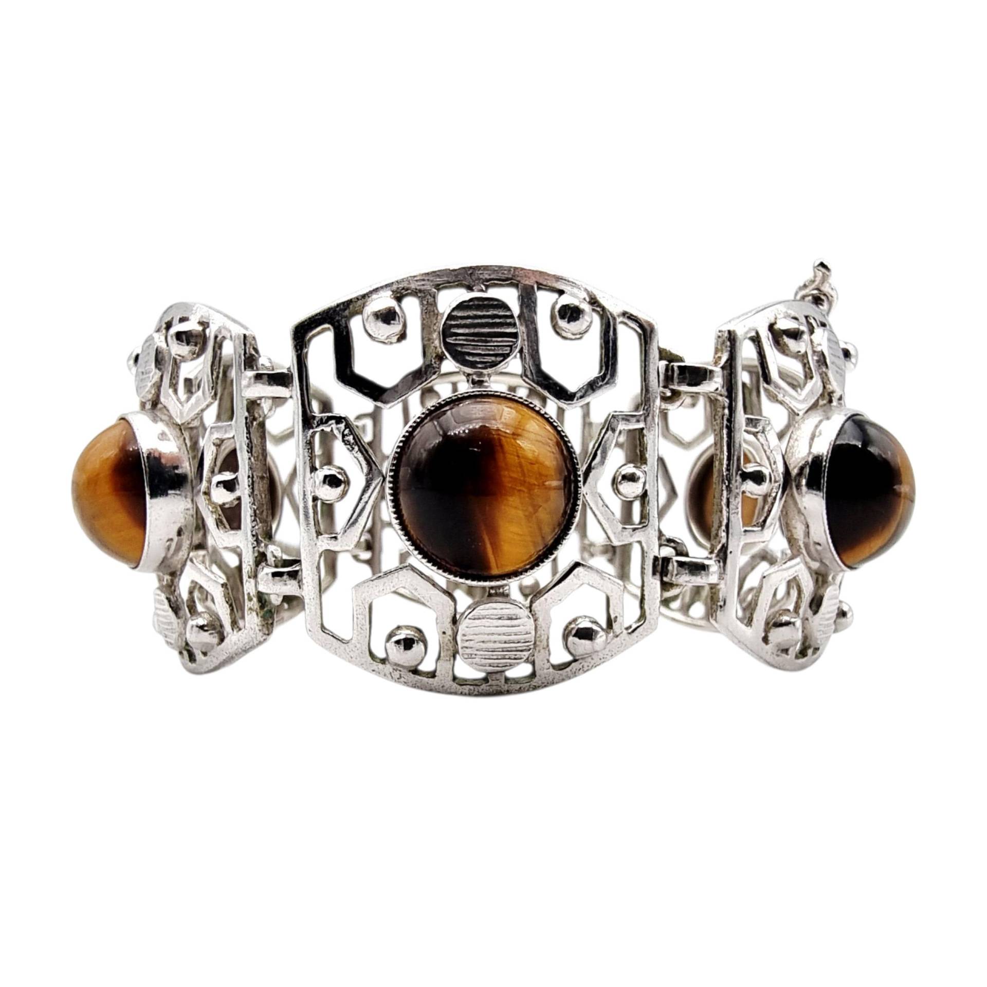 Art Deco 835 Silver Bracelet With Tiger's Eye Cabochons, Geometric Design By Gin, 1930S, 40.8G von detaschmuck