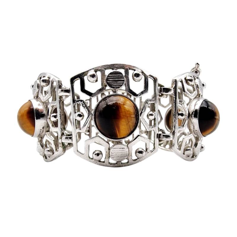 Art Deco 835 Silver Bracelet With Tiger's Eye Cabochons, Geometric Design By Gin, 1930S, 40.8G von detaschmuck