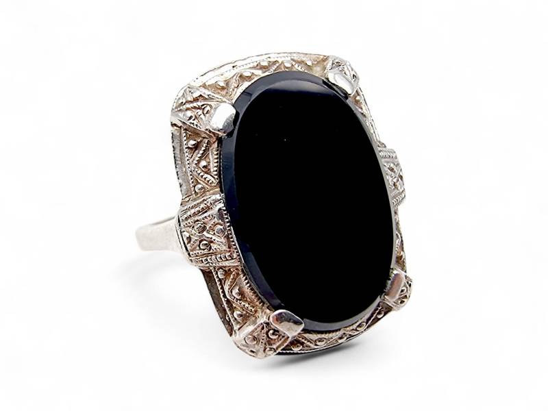 Art Deco Silver Ring With Black Oval Cabochon 925 Filigree Statement Vintage Style Bold Size Eu 52 | Us 6 von detaschmuck