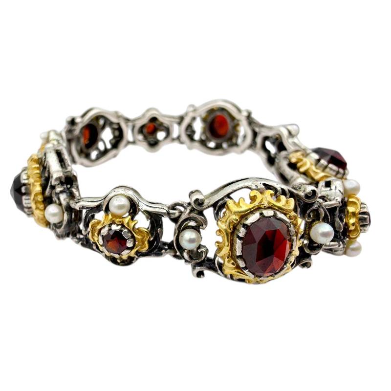 Bartel & Sohn 835 Silver Garnet Pearl Bracelet - Vintage 1960S German Baroque Revival Design, 40.8G von detaschmuck