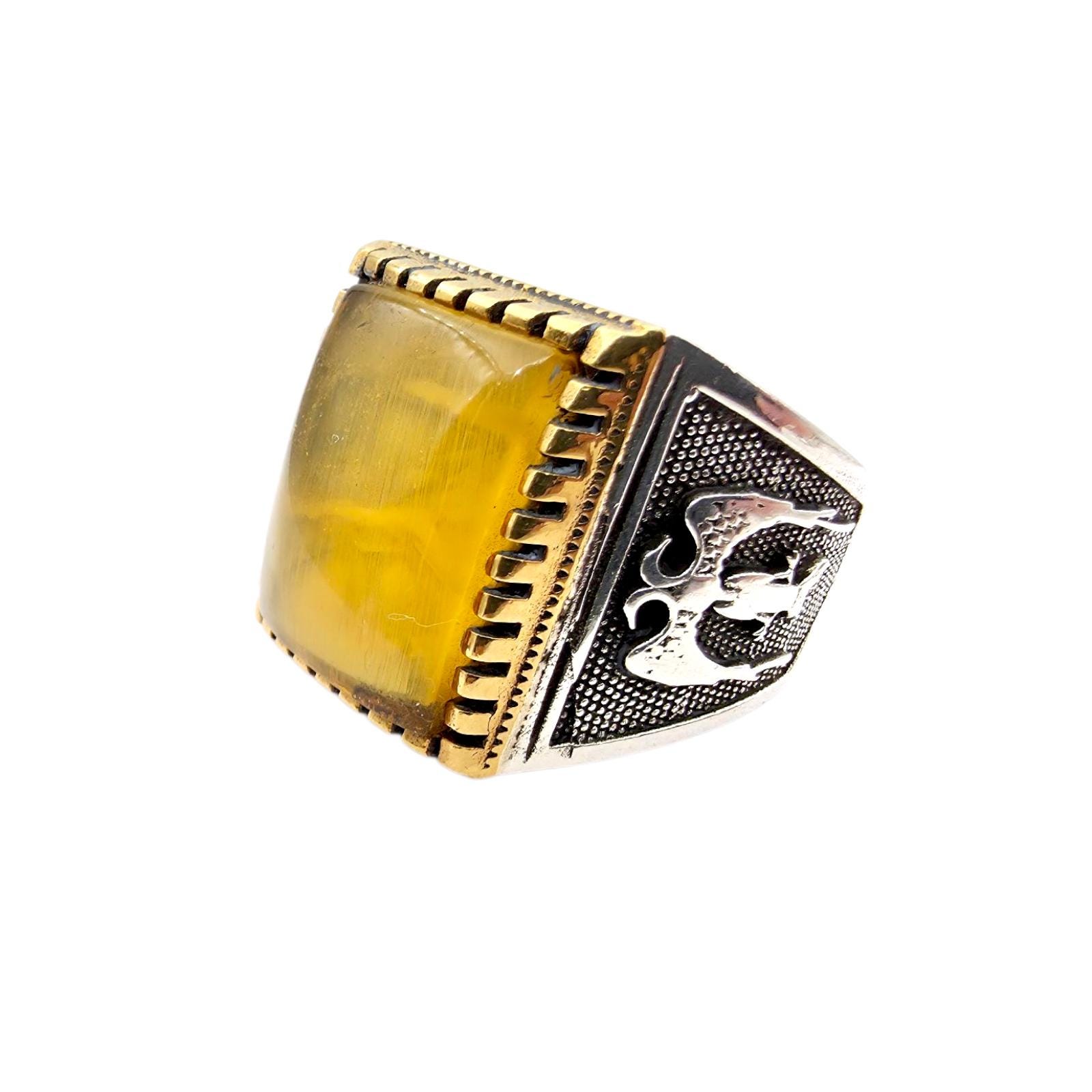 Bold Silver Men's Ring With Yellow Gemstone & Ottoman Eagle Symbol - Size Eu 64 | Us 10.5 11.17G von detaschmuck