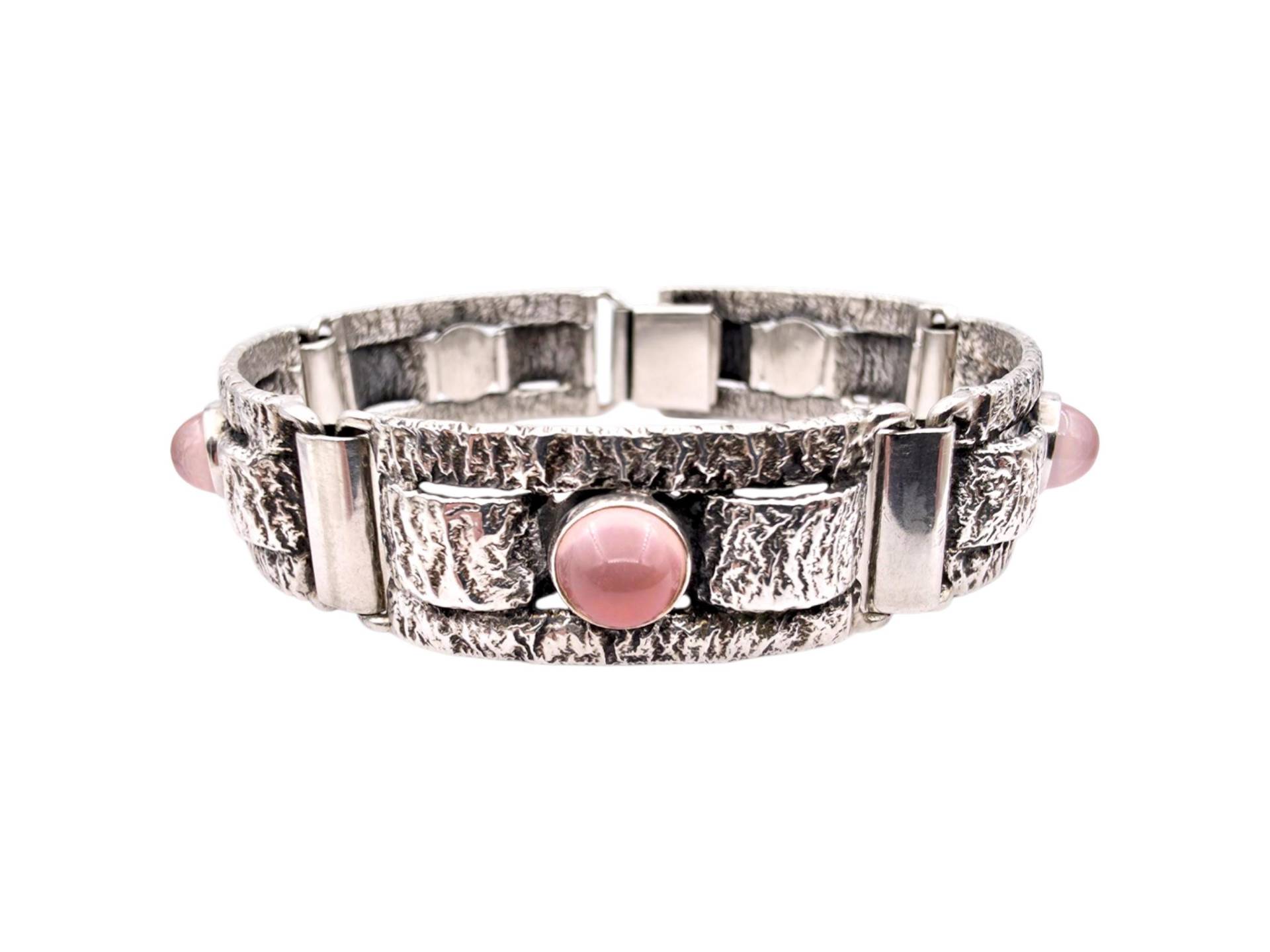 Brutalist 835 Silver Rose Quartz Bracelet | 1970S Modernist Design Textured Panel Style 40.66G 18cm Length von detaschmuck