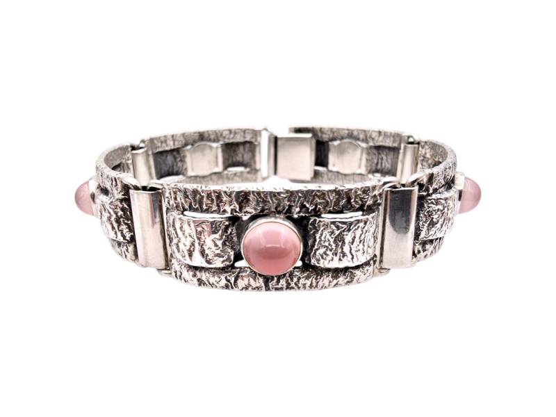 Brutalist 835 Silver Rose Quartz Bracelet | 1970S Modernist Design Textured Panel Style 40.66G 18cm Length von detaschmuck