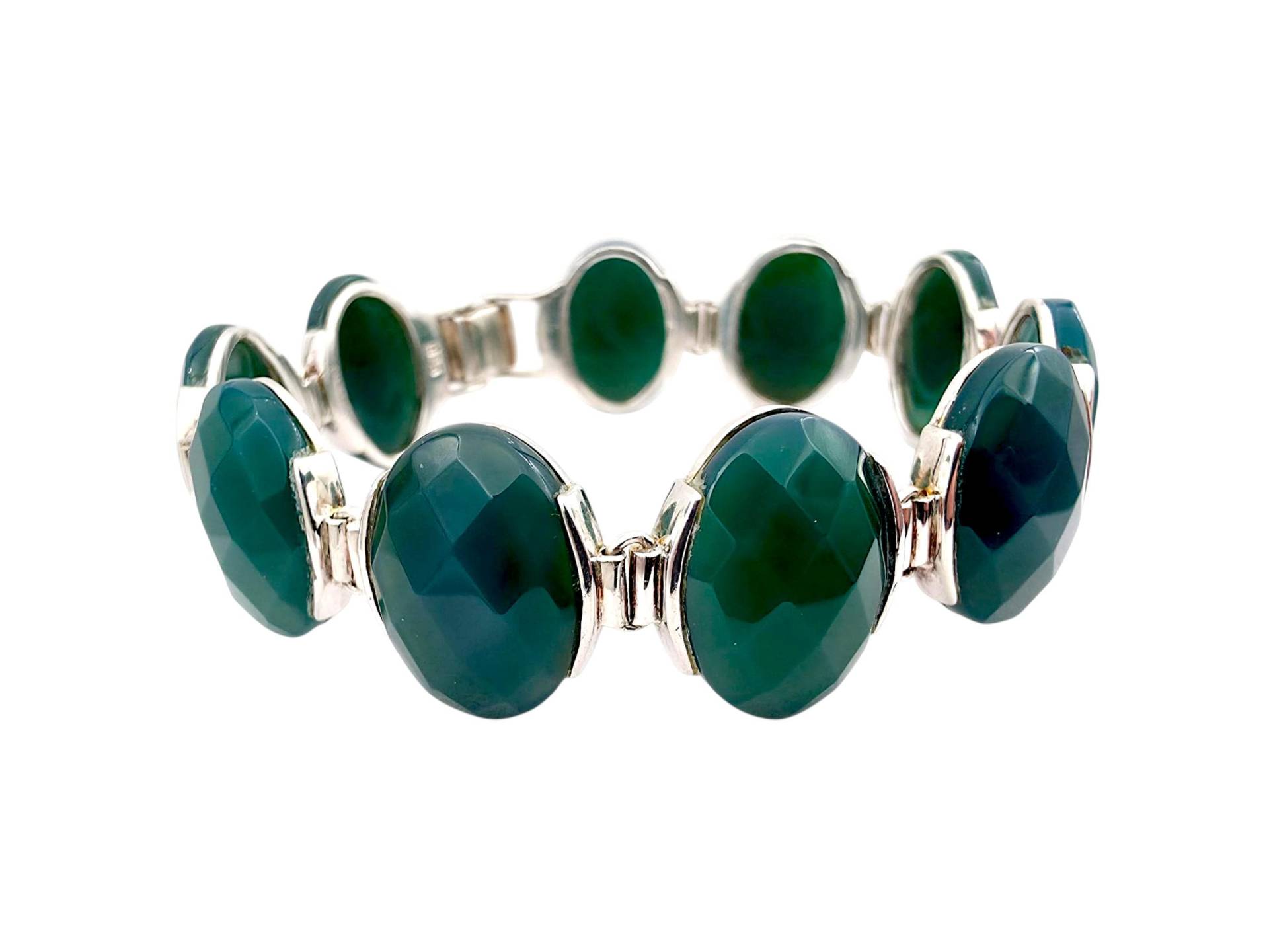 Ca Sigal Silver Bracelet With Green Agate, Faceted Oval Stones, Designer Modernist, 18cm von detaschmuck