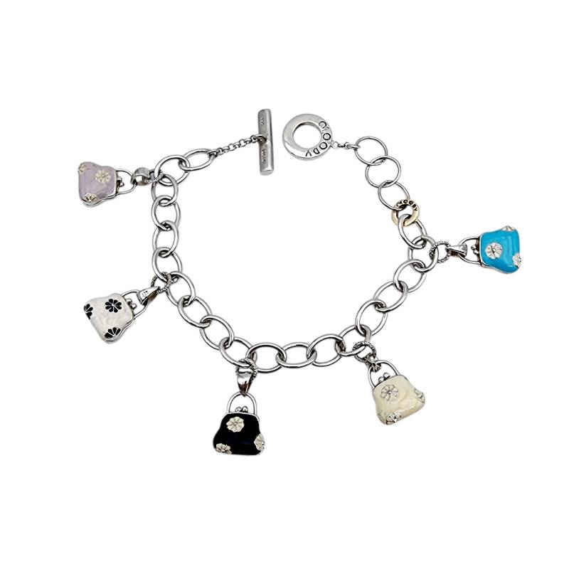 Goody Silver Charm Bracelet With Enamel Handbag Charms, 925 Silver, Vintage 1980S | 20cm von detaschmuck