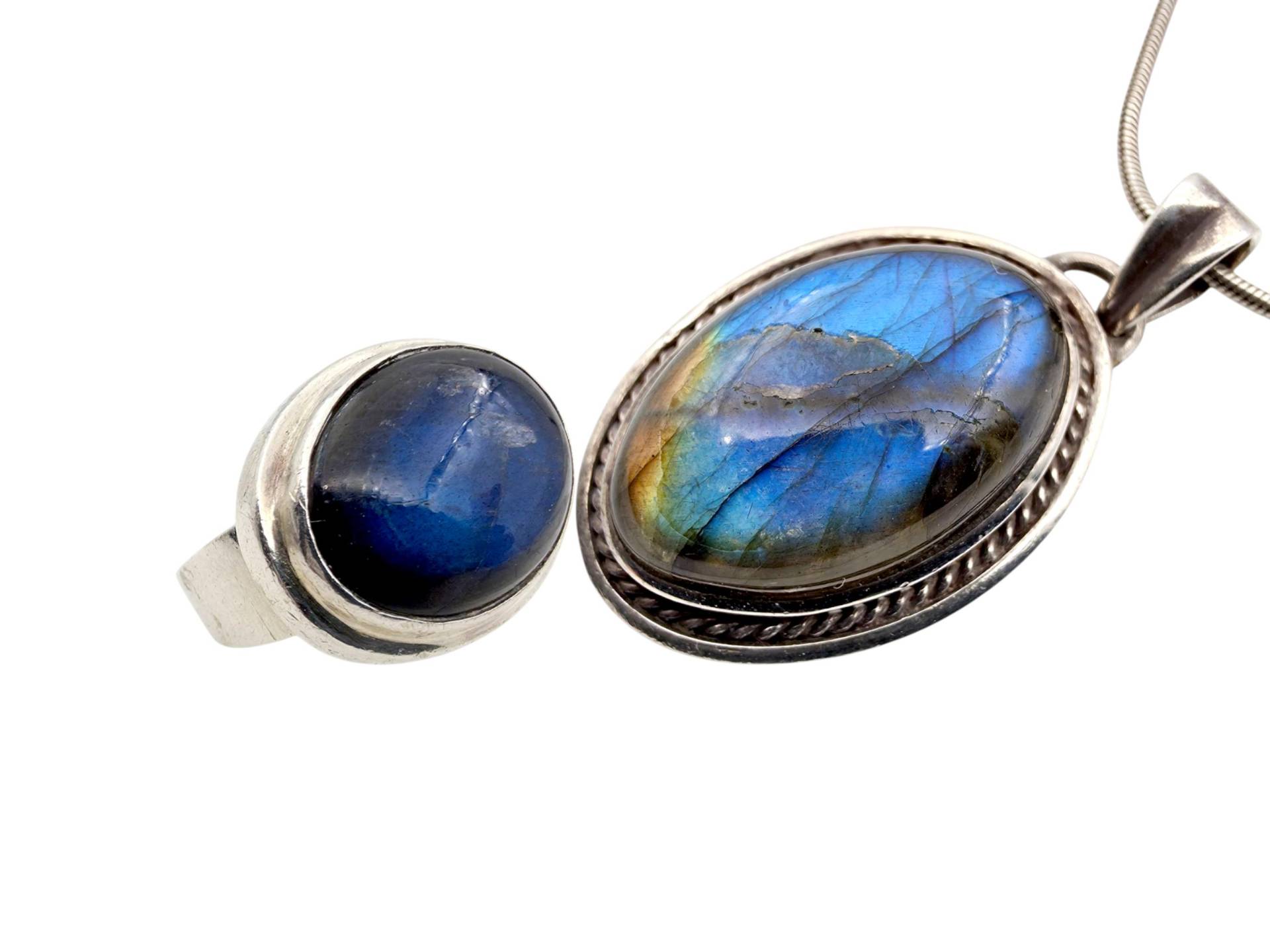 Labradorite Silver Jewelry Set - Oval Pendant & Statement Ring With Blue-Gold Flash | Eu 56/Us 7.5 27.9G Boho Style von detaschmuck