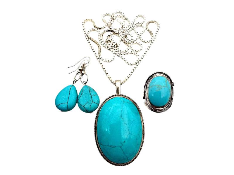 Large Fantastic Turquoise Sterling Silver Jewelry Set - Pendant, Earrings & Ring Bold Boho Statement von detaschmuck
