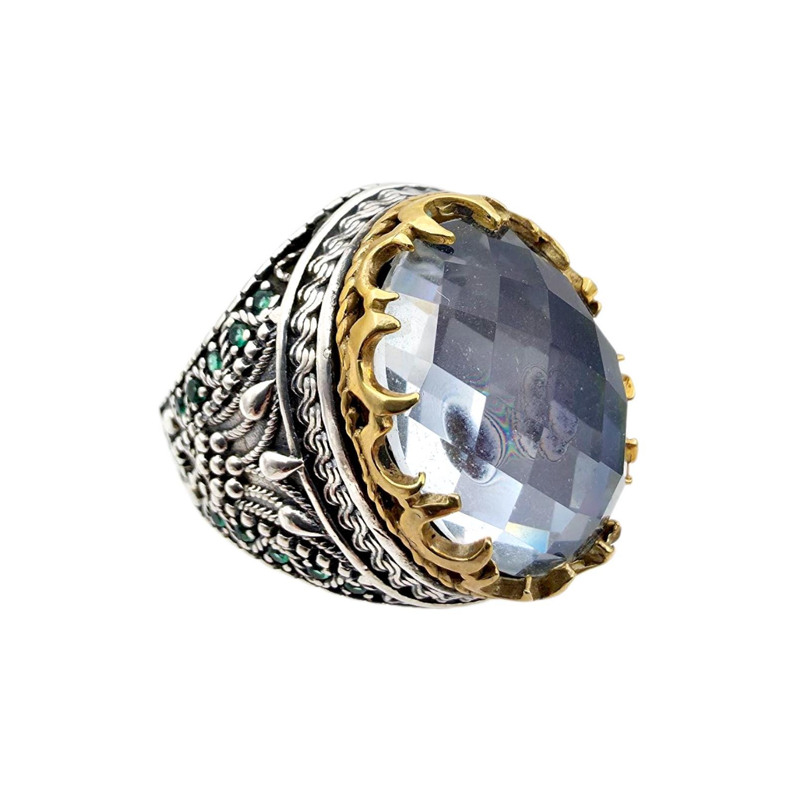 Large Ottoman Silver Men's Ring With Clear Quartz & Green Accents - Size Eu 60 | Us 9.25 14.63G Vintage-Style Statement von detaschmuck