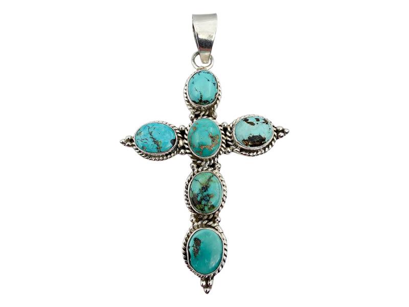 Large Silver Cross Pendant With Natural Turquoise | 71×50 Mm | 925 Boho Southwestern Jewelry Vintage Artisan von detaschmuck