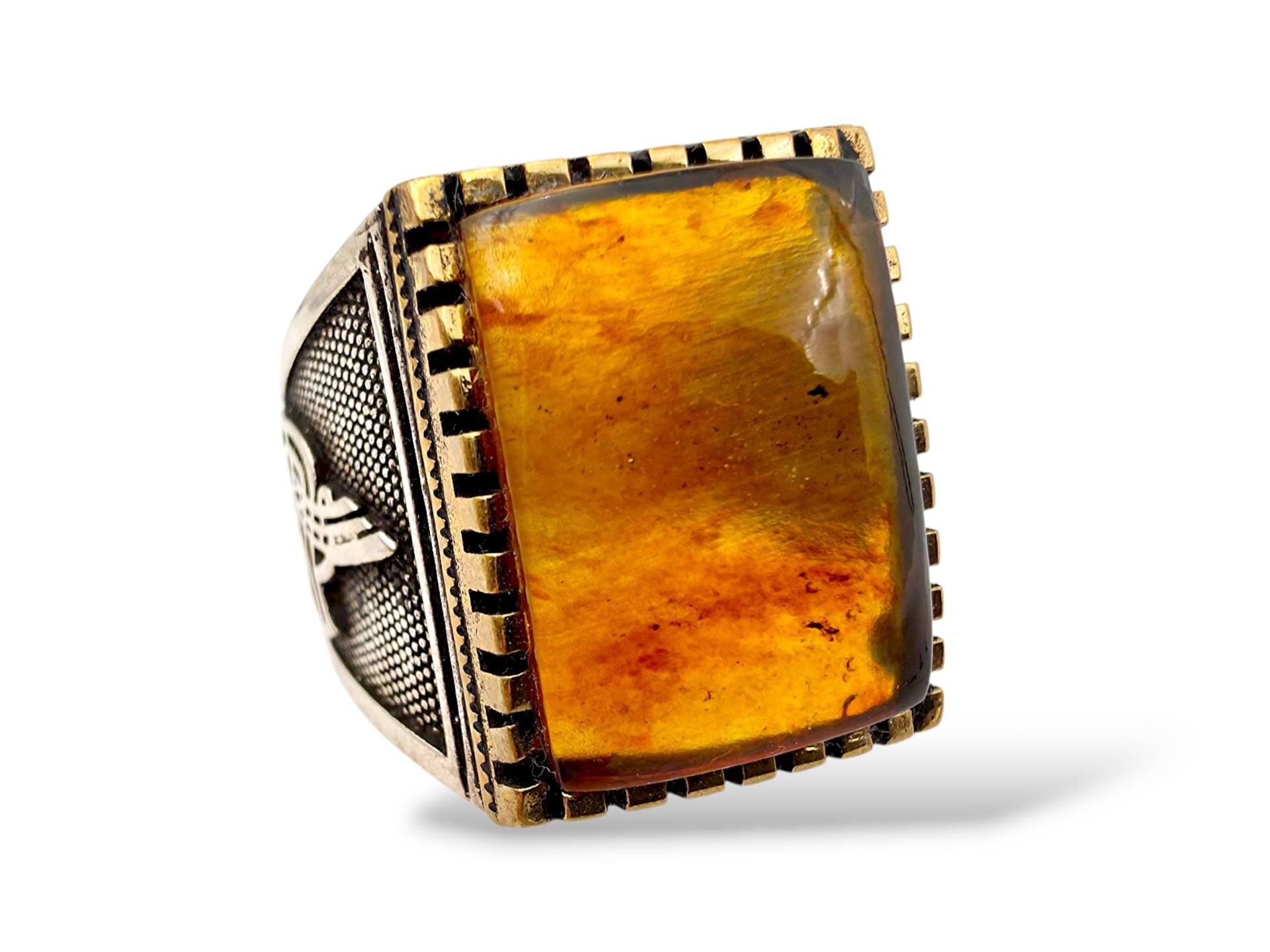 Men's Silver Amber Ottoman Ring | Eu 65/Us 11.25 | 925 With Golden Accents Double-Headed Eagle & Tughra Design von detaschmuck
