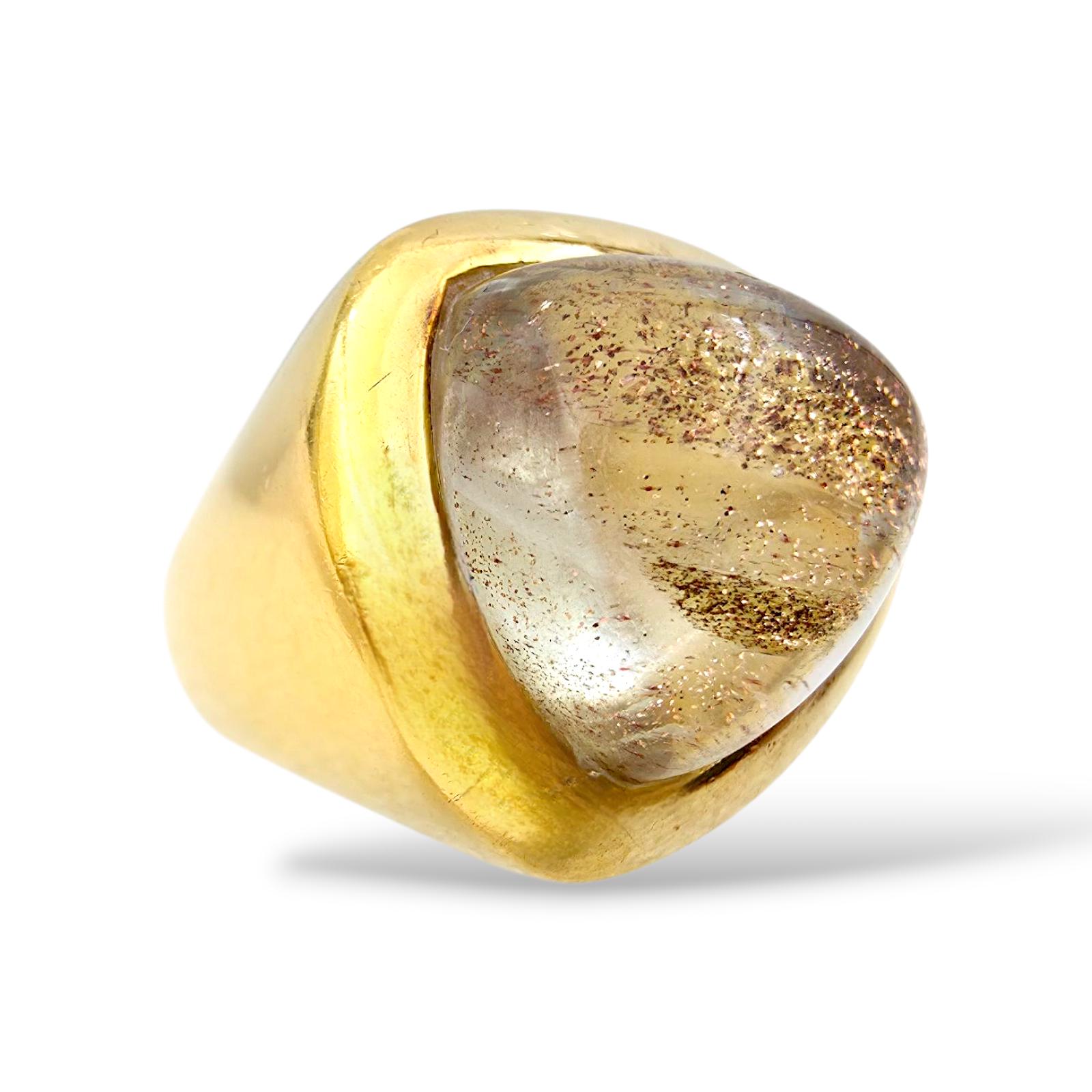 Modernist Mdi Silver Ring With Large Sunstone-Like Cabochon, Eu 59 | Us 8.75 - Gold-Plated Statement Ring, German Designer Jewelry von detaschmuck