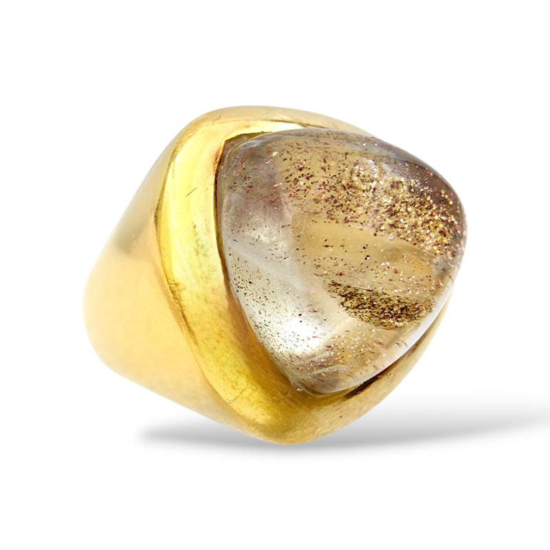 Modernist Mdi Silver Ring With Large Sunstone-Like Cabochon, Eu 59 | Us 8.75 - Gold-Plated Statement Ring, German Designer Jewelry von detaschmuck