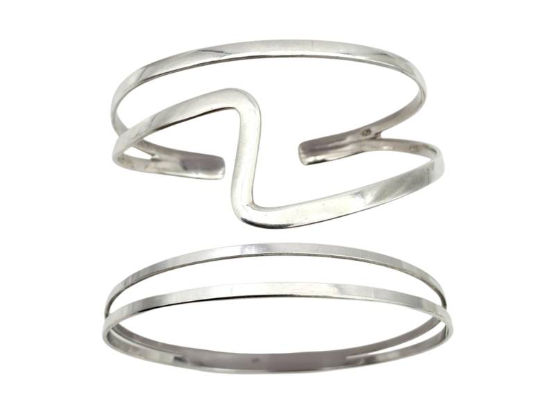 Modernist Silver Cuff Bracelet Set - 2-Piece Minimalist Design, Adjustable & Rigid Bangles 23.91G Total Weight von detaschmuck