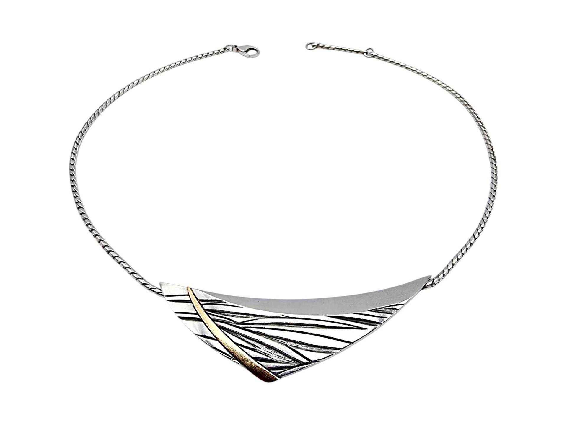 Modernist Silver Necklace With Gold Accent, 43cm Collar, 27.9G, Statement Vintage Jewelry von detaschmuck