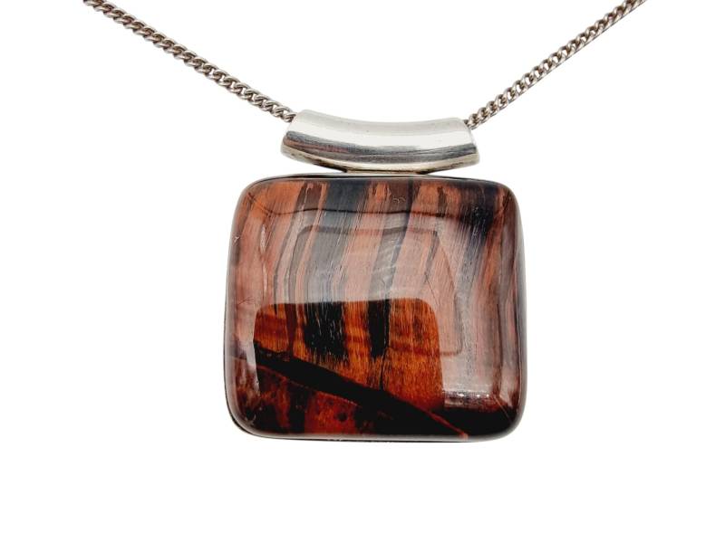 Modernist Silver Pendant Necklace With Polished Petrified Wood, Natural Pattern, 22.4G, 72cm Chain von detaschmuck