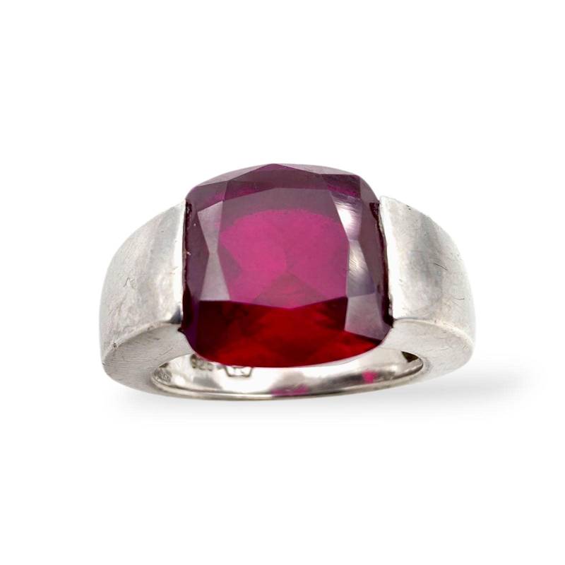Modernist Silver Ring With Red Synthetic Ruby Stone, Bold Minimal Design - Eu 56 | Us 7.5 von detaschmuck
