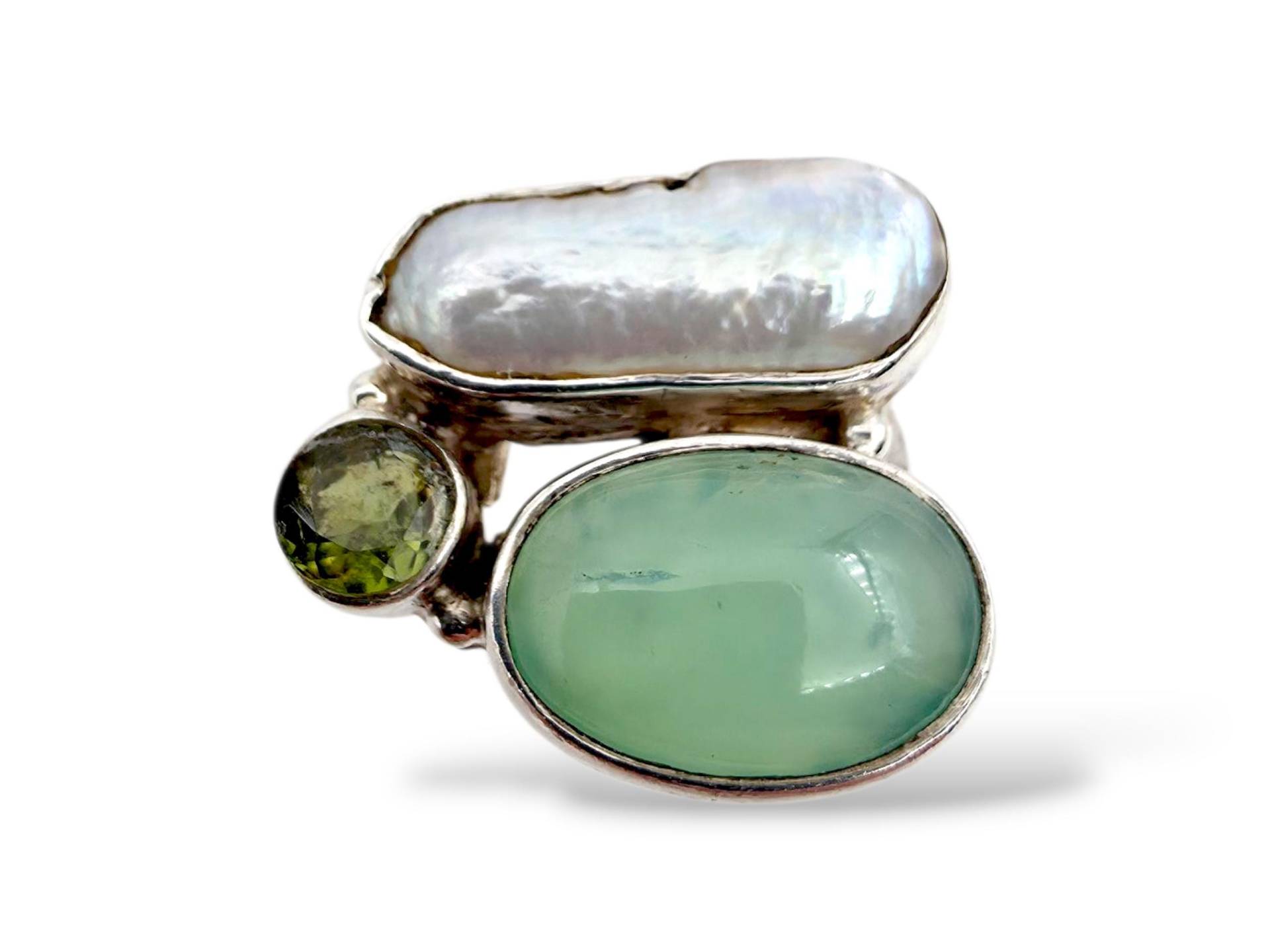Modernist Sterling Silver Ring With Pearl, Green Prehnite & Peridot | Handmade Artisan Size 60 | Us 9.25 von detaschmuck