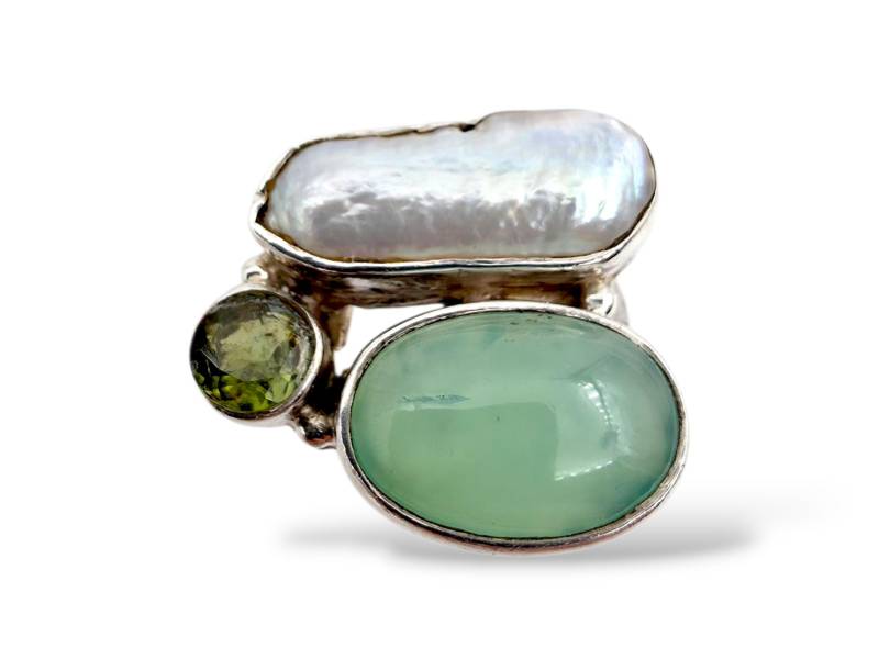 Modernist Sterling Silver Ring With Pearl, Green Prehnite & Peridot | Handmade Artisan Size 60 | Us 9.25 von detaschmuck