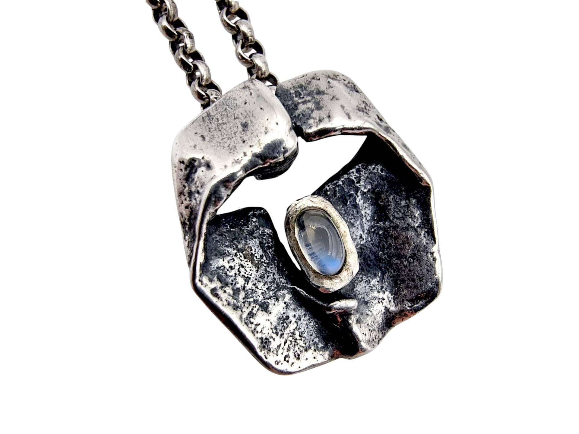 Monika & Burkhard Oly 835 Silver Moonstone Pendant | 1970S German Brutalist Necklace, Modernist Jewelry von detaschmuck