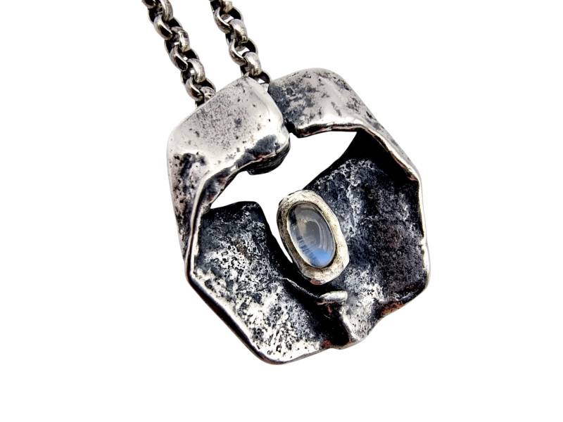 Monika & Burkhard Oly 835 Silver Moonstone Pendant | 1970S German Brutalist Necklace, Modernist Jewelry von detaschmuck