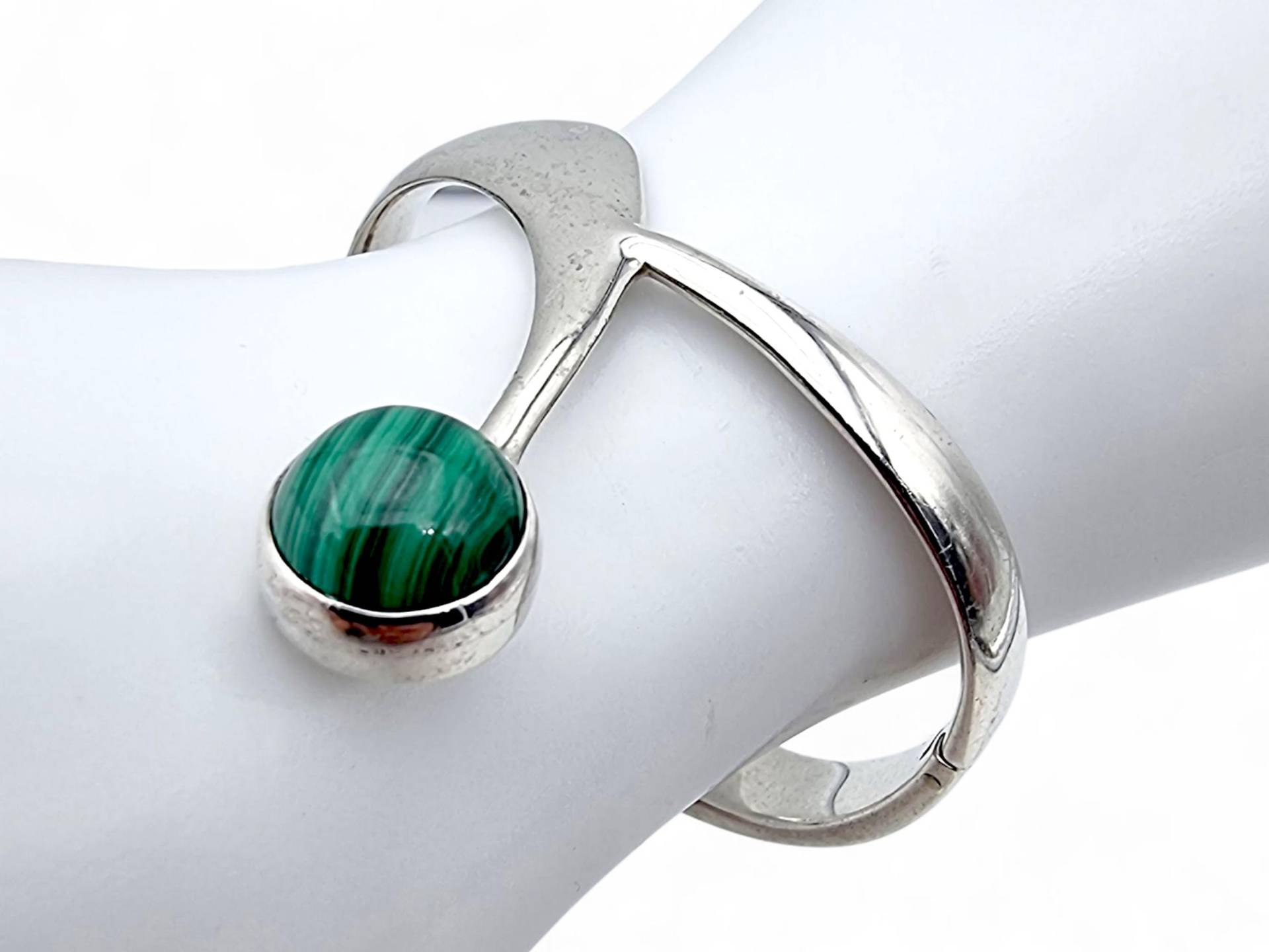 Rare Vintage 1970S Mexican Sterling Silver Modernist Bracelet With Malachite, Taxco Design von detaschmuck