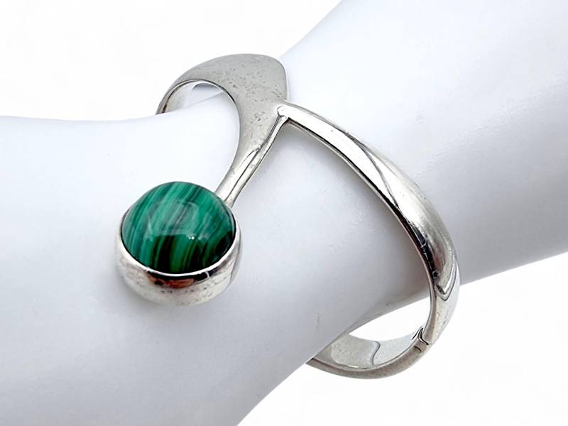 Rare Vintage 1970S Mexican Sterling Silver Modernist Bracelet With Malachite, Taxco Design von detaschmuck