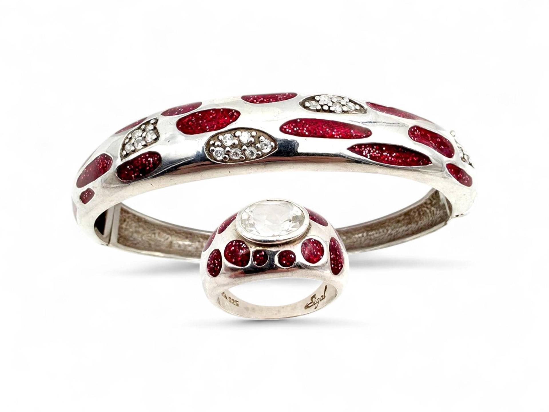 Sigal 925 Silver Jewelry Set - Red Enamel & Crystal Bangle Bracelet & Ring | Size 57 | Us 8 Modern Designer Statement von detaschmuck