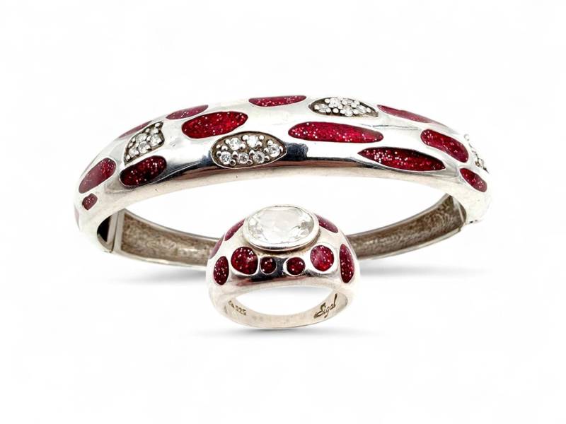Sigal 925 Silver Jewelry Set - Red Enamel & Crystal Bangle Bracelet & Ring | Size 57 | Us 8 Modern Designer Statement von detaschmuck