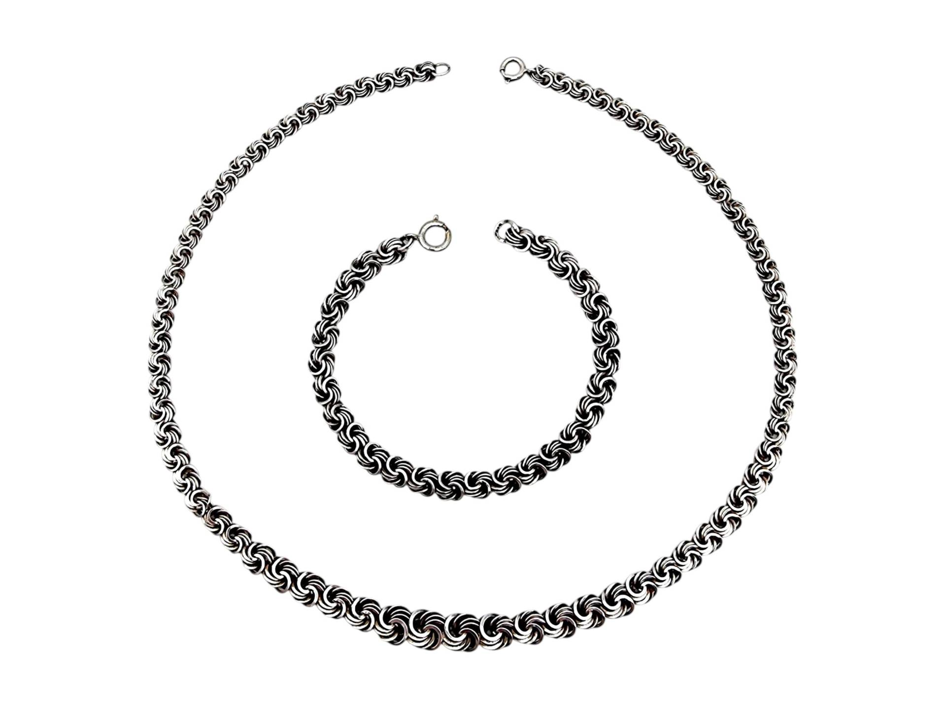 Silver Byzantine Necklace & Bracelet Set, 26.9G, Woven Rope Chain Jewelry, Vintage 925 Set von detaschmuck