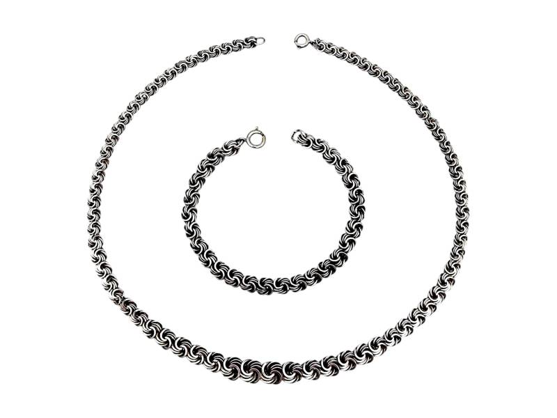 Silver Byzantine Necklace & Bracelet Set, 26.9G, Woven Rope Chain Jewelry, Vintage 925 Set von detaschmuck