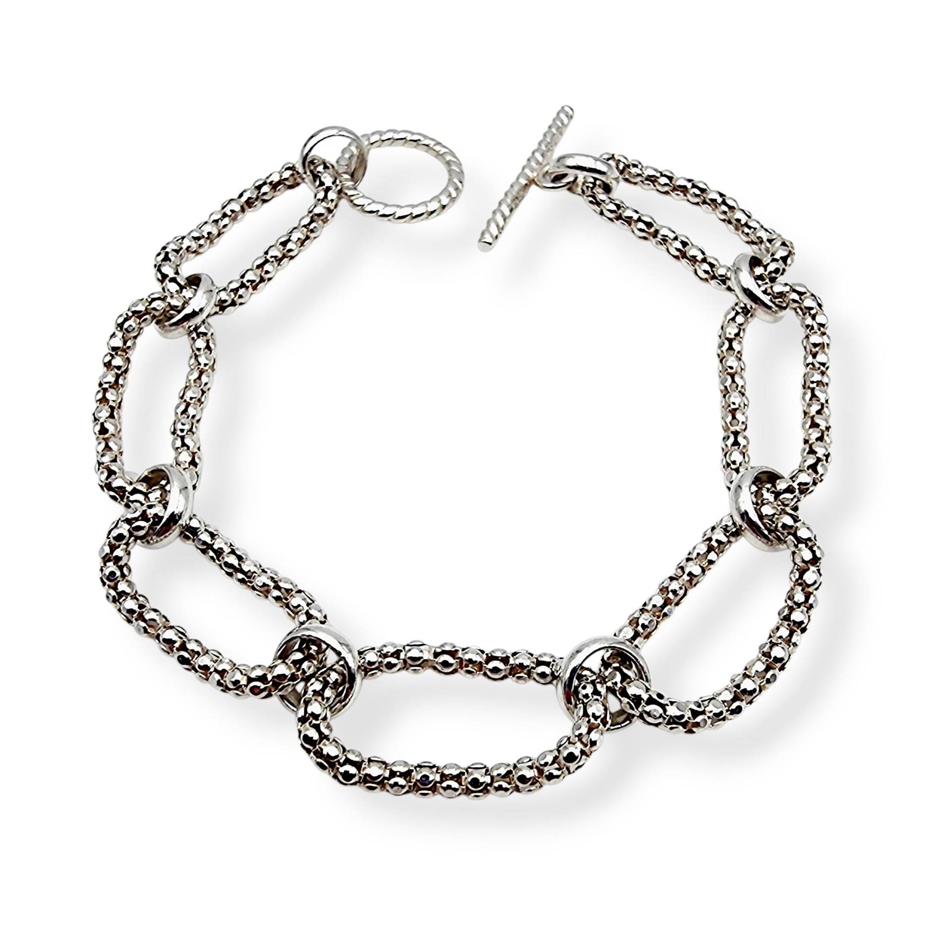 Silver Chain Link Bracelet, Modern Toggle Clasp, 925 Silver, Textured Oval Design, 20cm | 7.8" von detaschmuck