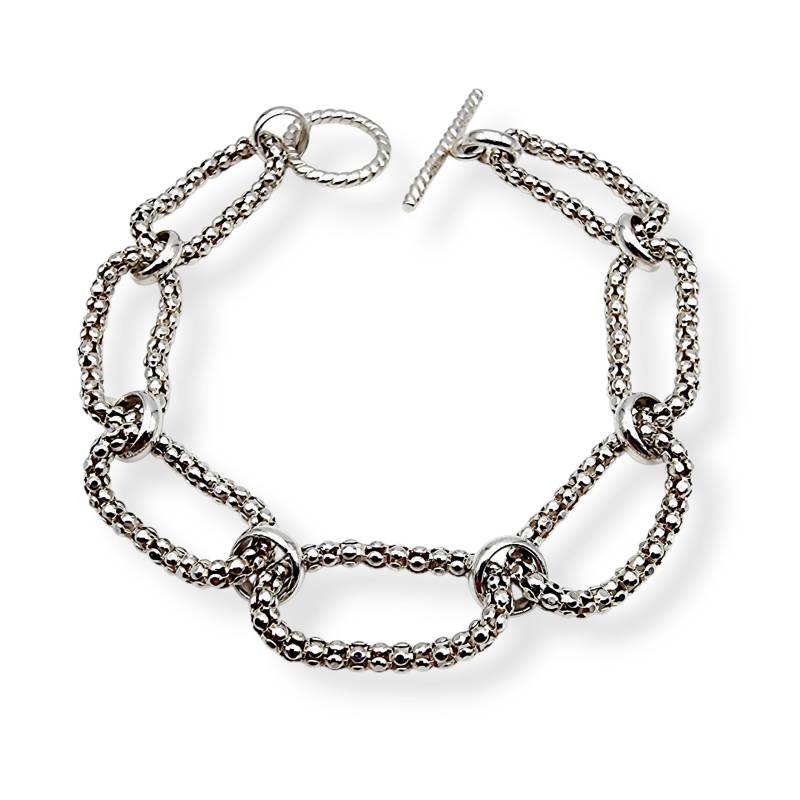 Silver Chain Link Bracelet, Modern Toggle Clasp, 925 Silver, Textured Oval Design, 20cm | 7.8" von detaschmuck