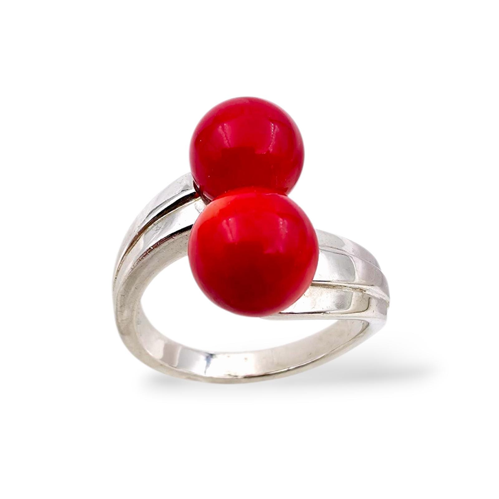 Silver Ring With Coral Paste Beads - Size Eu 63 | Us 10.25, Bold Modernist Statement Jewelry von detaschmuck