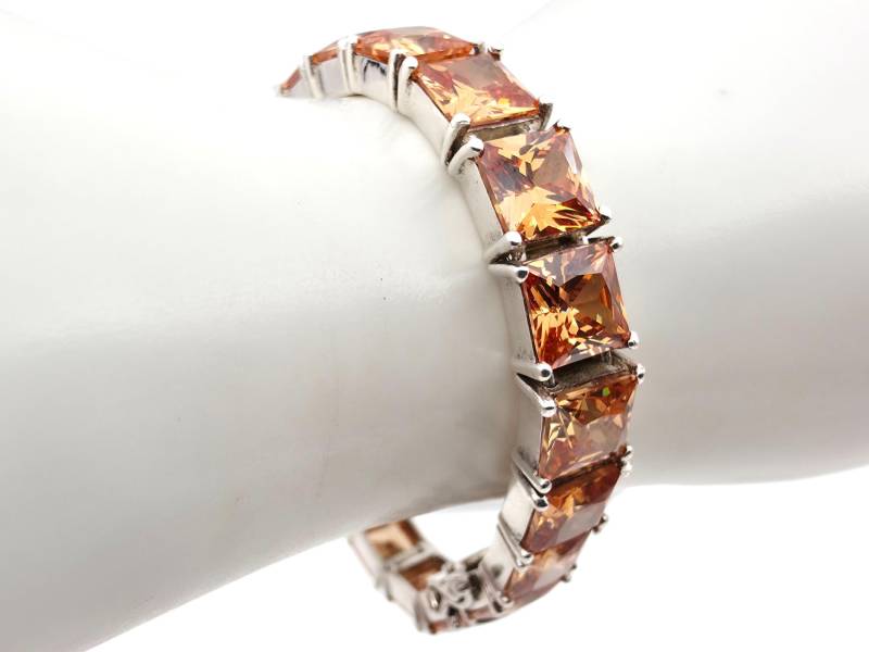 Silver Tennis Bracelet With Princess-Cut Orange Cubic Zirconia - Modern Elegant Design von detaschmuck