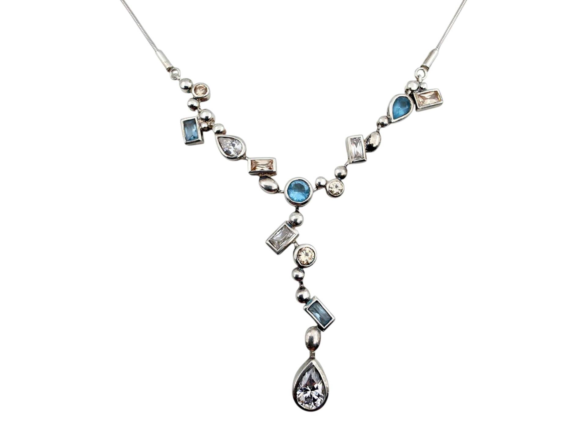 Silver Y Necklace With Blue & White Stones - Modernist Geometric Pendant, 42cm von detaschmuck