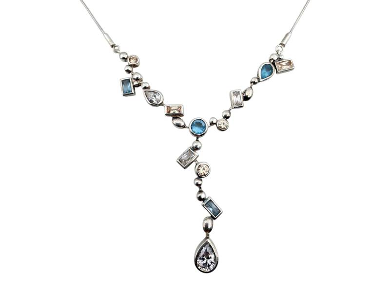 Silver Y Necklace With Blue & White Stones - Modernist Geometric Pendant, 42cm von detaschmuck
