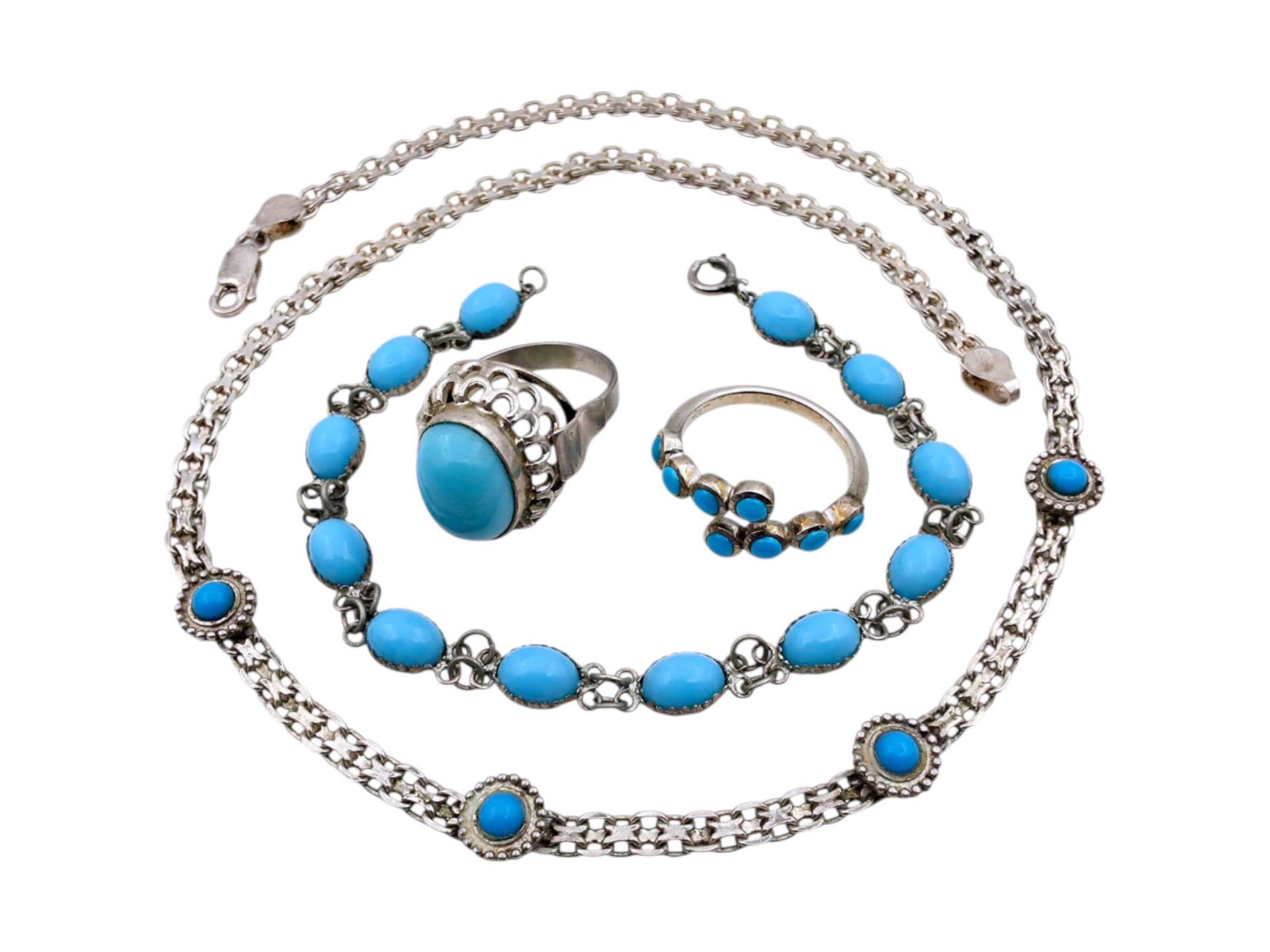 Turquoise Silver Jewelry Set - Italian Necklace, Bracelet & Two Rings Vintage Boho Style Total 27.49G von detaschmuck